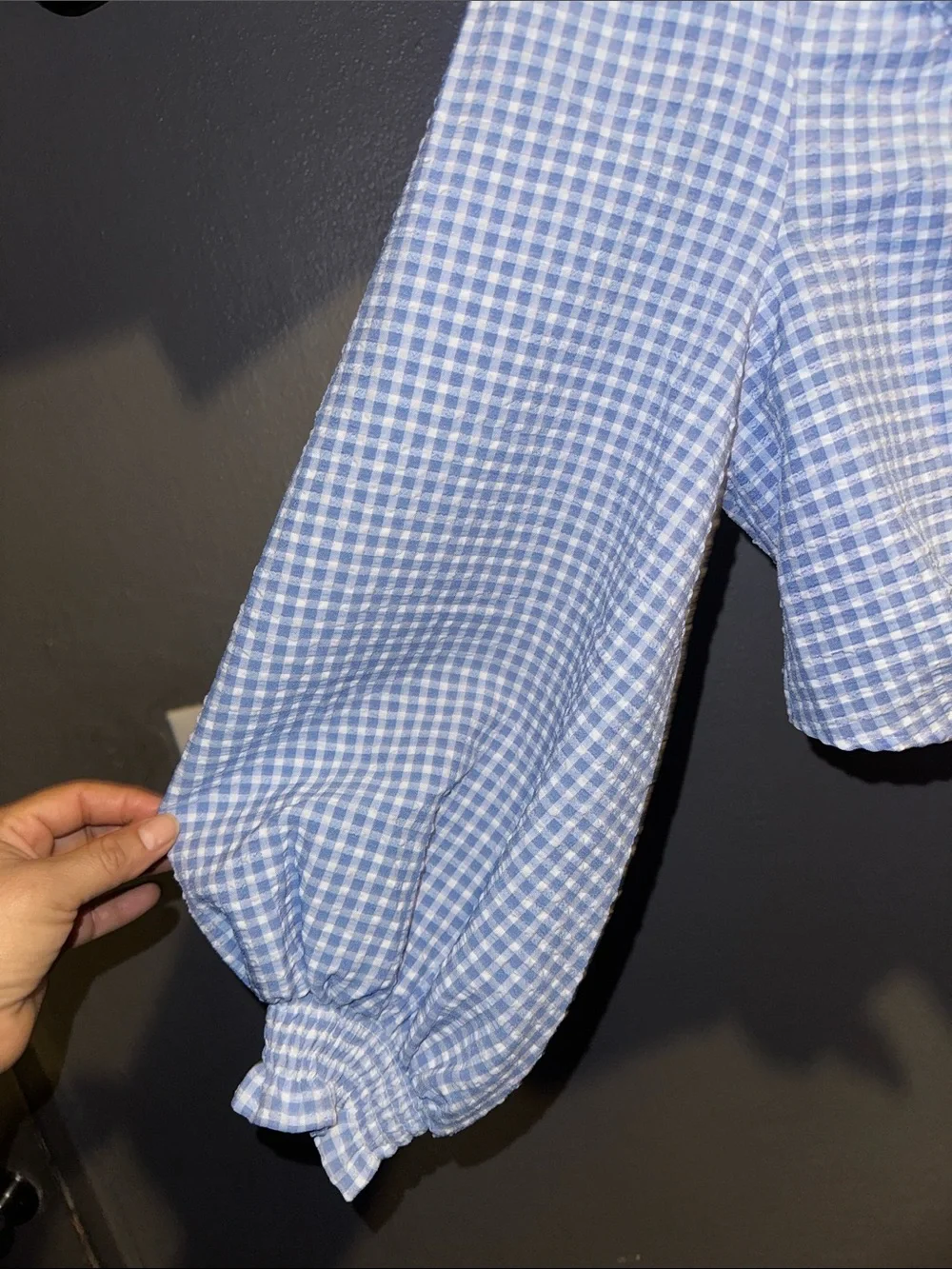 Zara Light Blue Gingham Tie-Front Peasant Blouse